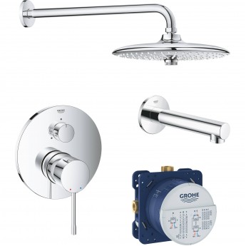 Набор для ванны: смеситель GROHE ESSENCE, верхний душ, ручной душ, круглая розетка, излив, хром Набор для ванны: смеситель GROHE ESSENCE, верхний душ, ручной душ, круглая розетка, излив, хром