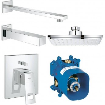Набор для ванны: смеситель GROHE Eurocube, верхний душ, ручной душ, квадратная розетка, излив, хром Набор для ванны: смеситель GROHE Eurocube, верхний душ, ручной душ, квадратная розетка, излив, хром